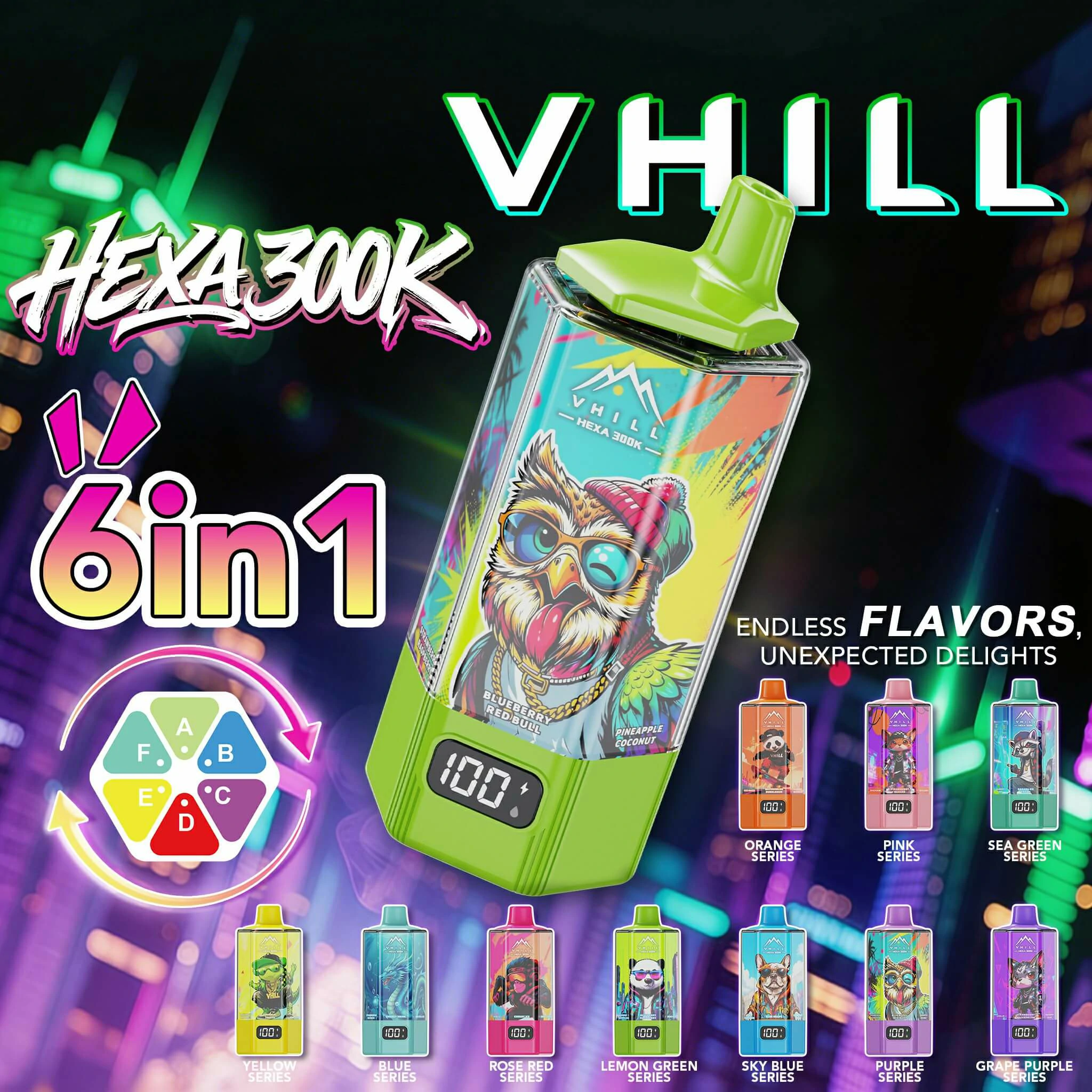 VHILL HEXA 300000パフ 6-in-1 使い捨て電子タバコ