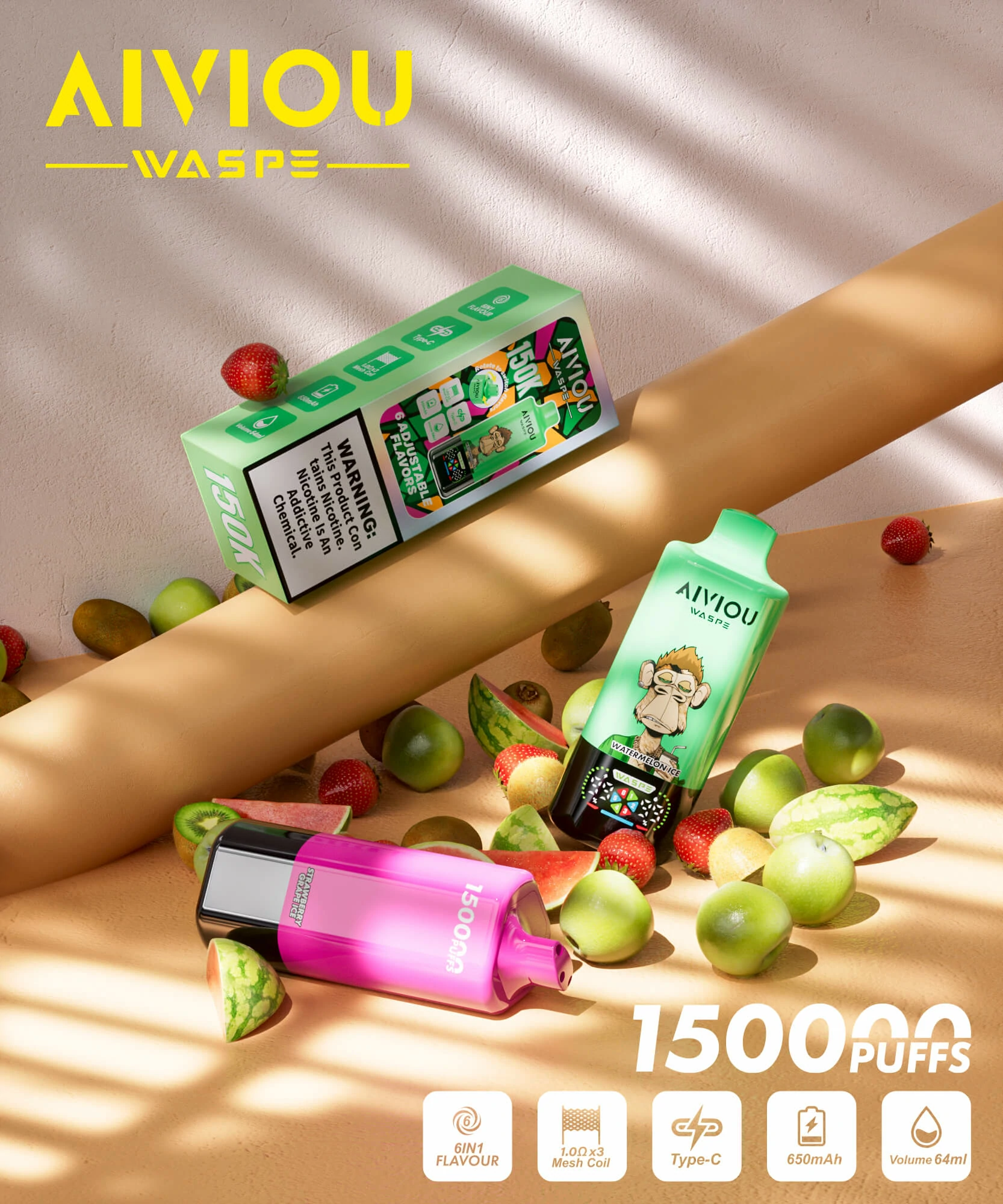 WASPE AIVIOU 150000パフ 6-in-1 使い捨て電子タバコ 画像2